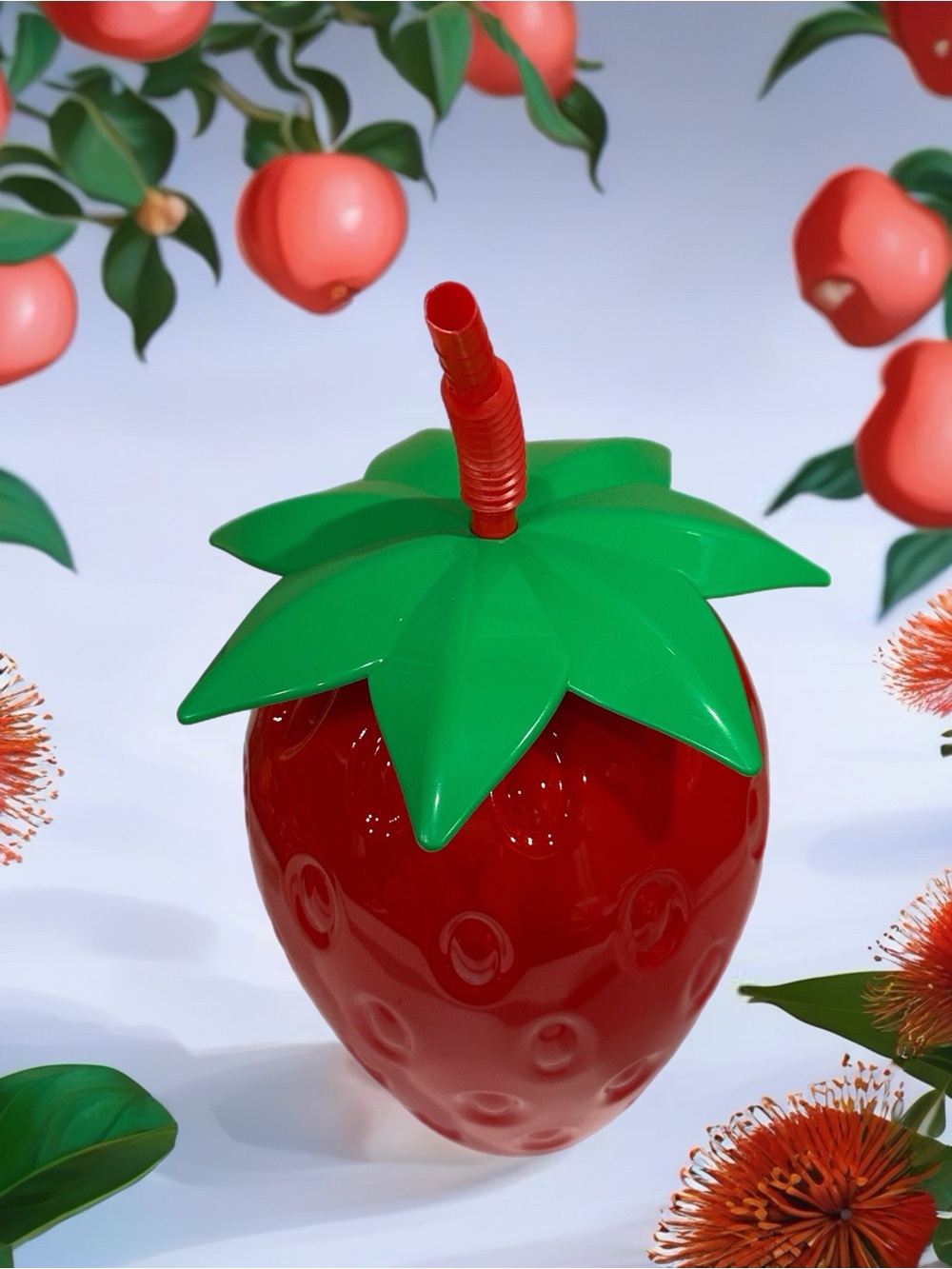 Strawberry-Shaped Red Drink Tumbler with Green Leaf Lid - Picture 3 of 3